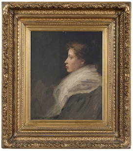 Charles Sprague Pearce: (American, 1851-1914) Portrait of a Lady, signed lower left "Charles Sprague Pearce", oil on canvas, 16 x 13 in.; fine period carved gilt wood and composition frame, 25-3/4 x 22-1/2 in. Provenance: Pr