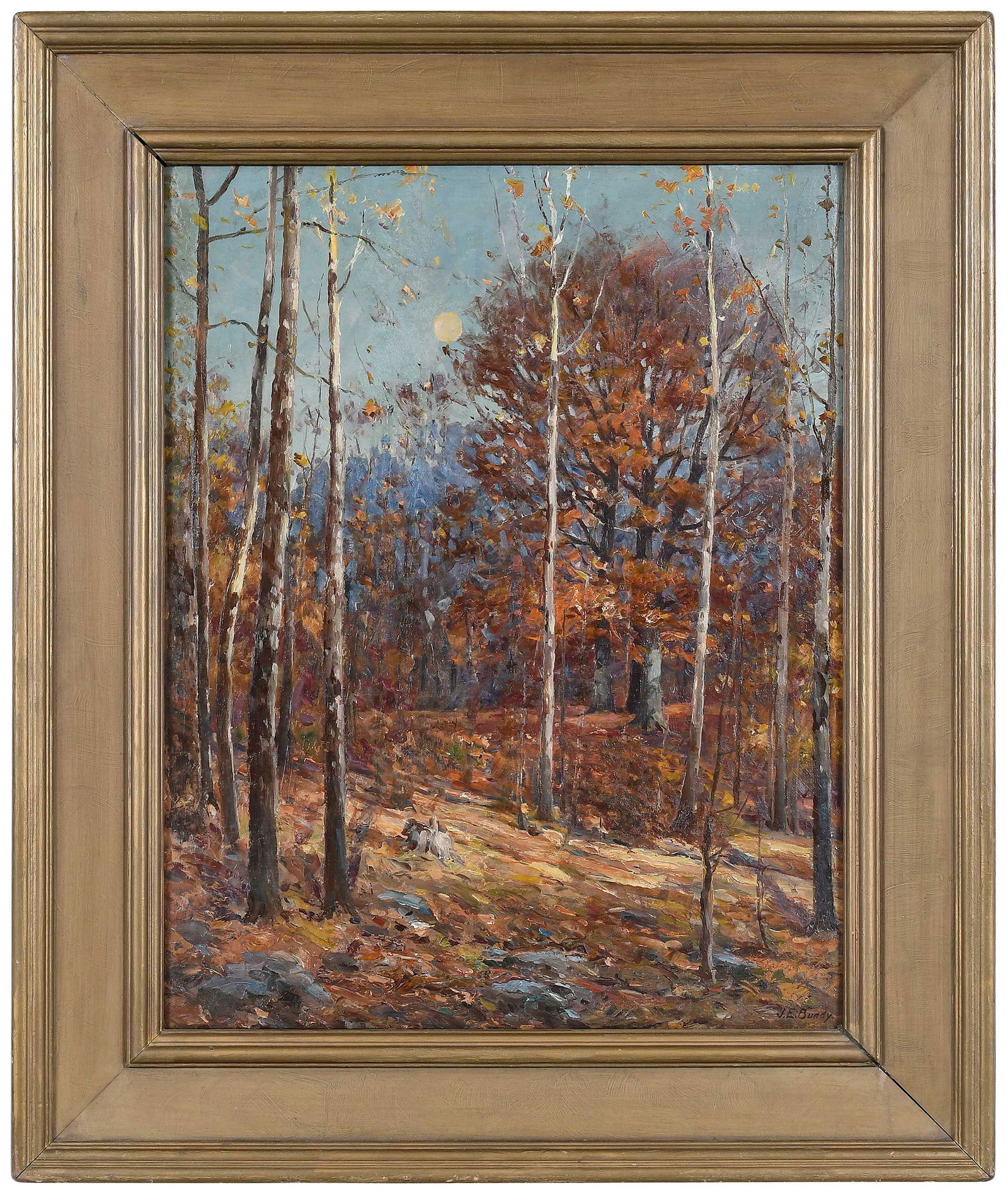 John Elwood Bundy: (American, 1853-1933) Fall Scene, signed lower right "J.E. Bundy", oil on canvas, 24 x 19 in.; gilt wood frame, 31-1/2 x 26-1/2 in. Provenance: Private Collection, Colorado Springs, Colorado