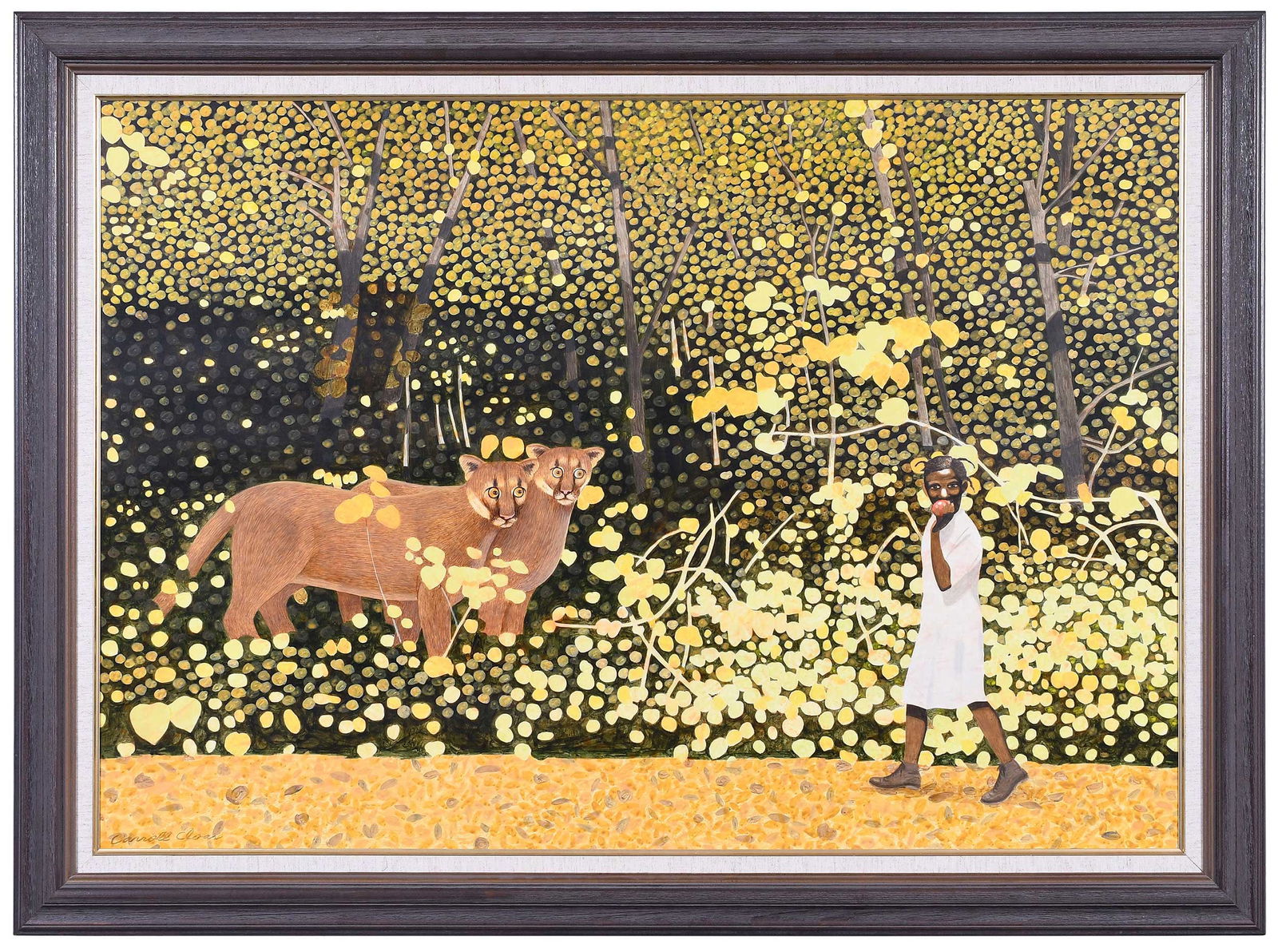 Carroll Cloar: (American/Arkansas, 1913-1993) The Thicket in Autumn, 1974, signed lower left "Carroll Cloar", inscribed verso with title, date, signature, medium and size, acrylic on Masonite, 28 x 40 in.; stained w