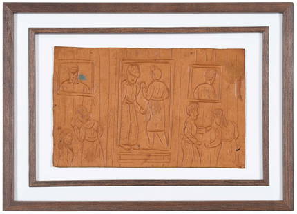 Winfred Rembert: (American/Georgia, 1945-2021) Cuthbert Memory, 1997, carved and tooled leather, 6-1/2 x 10 in.; floating in wood frame, 10-1/2 x 14-1/2 in. Accompanied by certificate of authenticity from Adelson Gall
