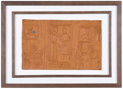 Winfred Rembert: (American/Georgia, 1945-2021) Cuthbert Memory, 1997, carved and tooled leather, 6-1/2 x 10 in.; floating in wood frame, 10-1/2 x 14-1/2 in. Accompanied by certificate of authenticity from Adelson Gall