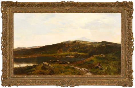 Sidney Richard Percy, Welsh Landscape, 1858: (British, 1821-1886) Llyn Dinas, North Wales, signed lower right "S.R. Percy/ 58", oil on canvas, 18 x 31-1/8 in.; painted and gilt wood and composition frame, 23-7/8 x 37 x 2-1/2 in. Provenance: Prop