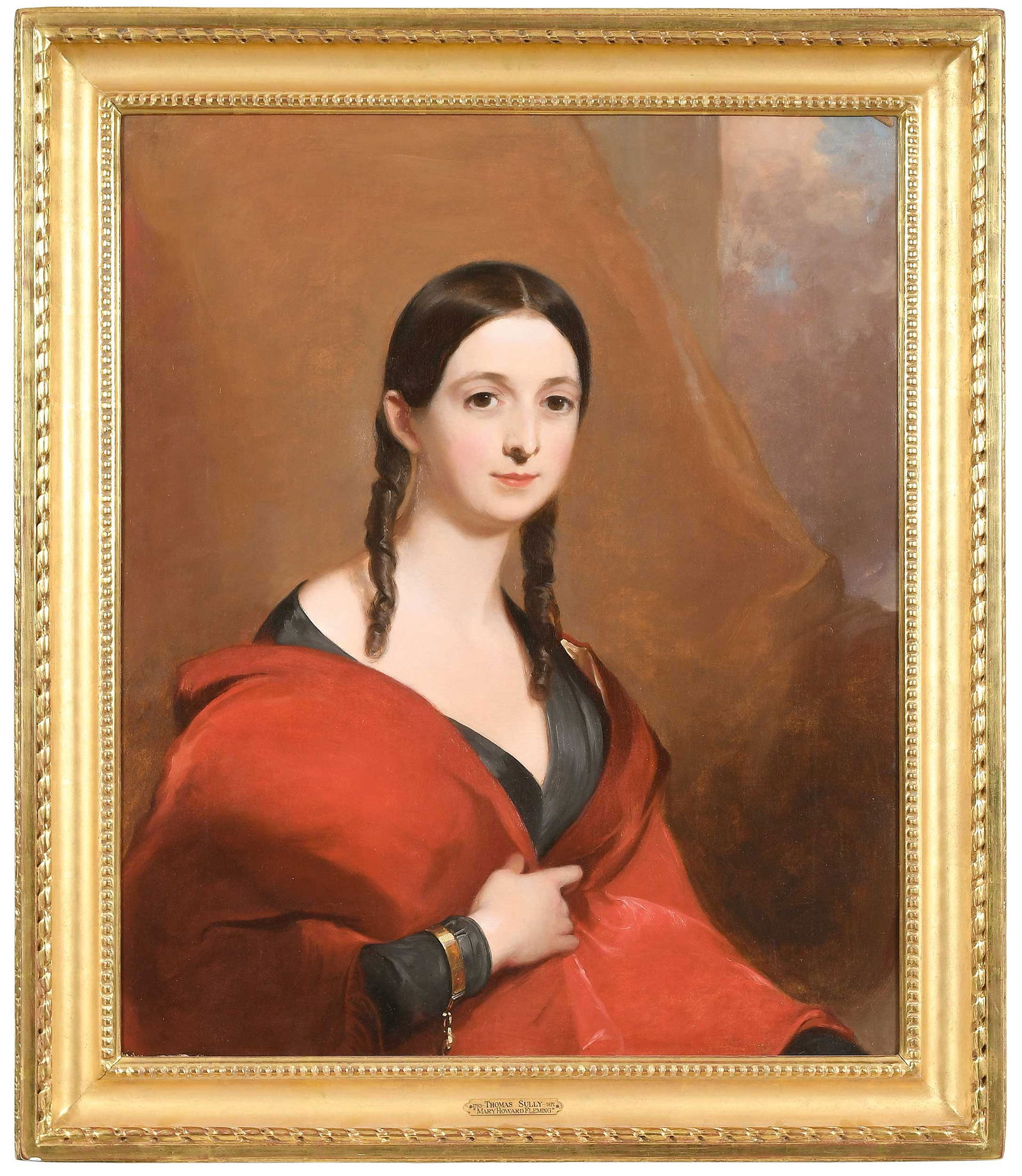 Thomas Sully: (British/America, 1783-1872) Portrait of Mary Howard Fleming, (1819 - 1885), 1844, initialed and dated canvas verso "TS 1844", stamped "TB/G 41 London" canvas verso, oil on canvas, 30 x 25 in.; period