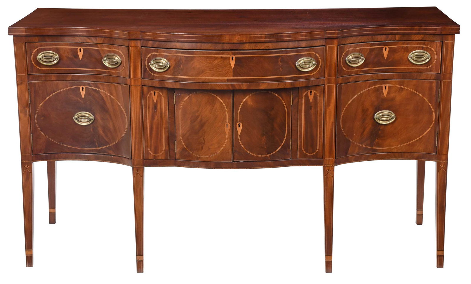 American Federal Inlaid Mahogany Sideboard: circa 1790-1810, likely Virginia, serpentine top, conforming case with three frieze drawers over cabinet doors and two bottle drawers, tapered legs, light wood and ebonized line inlay throughout, yell
