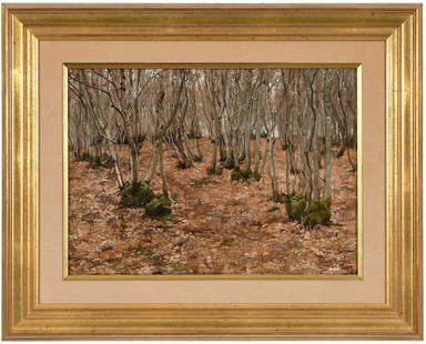 Frank Bramley Woodland Landscape: (British, 1857-1915) Wet Woodland, 1882, signed lower right "Frank Bramely/1882.", oil on canvas, 14 x 19-1/2 in.; gilt wood frame, 22 x 27-1/2 x 2-1/2 in. Provenance: Treasure Trove Antiques, Columbu