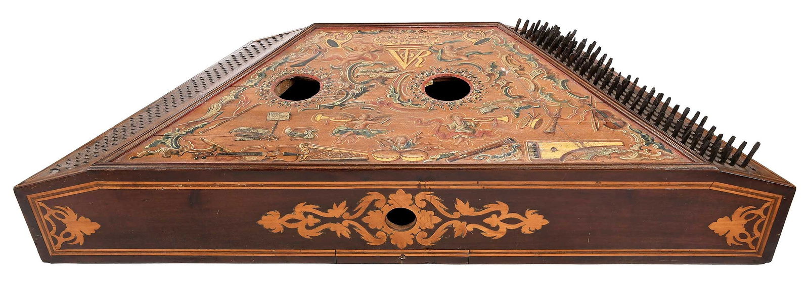 Hand Painted Wood Psaltery, Instrument: Continental, 19th century, of trapezoidal form, top panel with enamel and gilt decoration featuring putti, musical accoutrements, and the monogram "VTR", side panels with inlaid decoration, small draw