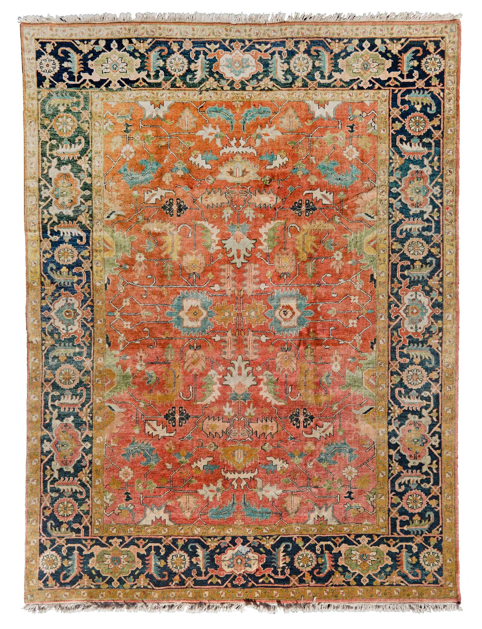 Serapi Style Carpet: late 20th century, terra cotta colored field with leaves and vines, blue border with leaves, vines and flowers, 12 x 9 ft. 4 in. Provenance: Collection of Ben Schecter and George Barimo, Athens, New Y