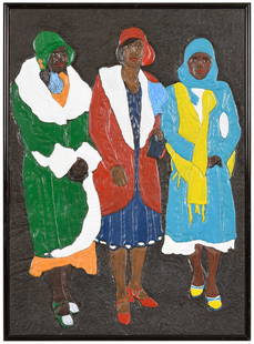 Winfred Rembert: (American, 1945-2021) Three Women, signed verso "Winfred Rembert", dye on carved and tooled leather, 19-1/2 x 14 in.; metal frame, 20 x 14-1/2 in. Provenance: By descent in the family of the artist's