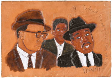 Winfred Rembert: (American, 1945-2021) Dr. King and Winfred, inscribed bottom right "W Rembert", also inscribed "To Joseph and Lorraine Reaves from your Brother", dye on carved and tooled leather, 8-3/8 x 12 in.; unfr