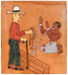 Winfred Rembert: (American, 1945-2021) In Shackles, inscribed and signed bottom right "To Joe Reaves W Rembert", dye on carved and tooled leather, 11-3/8 x 10-1/4 in.; unframed included numerous exhibitions and his 20