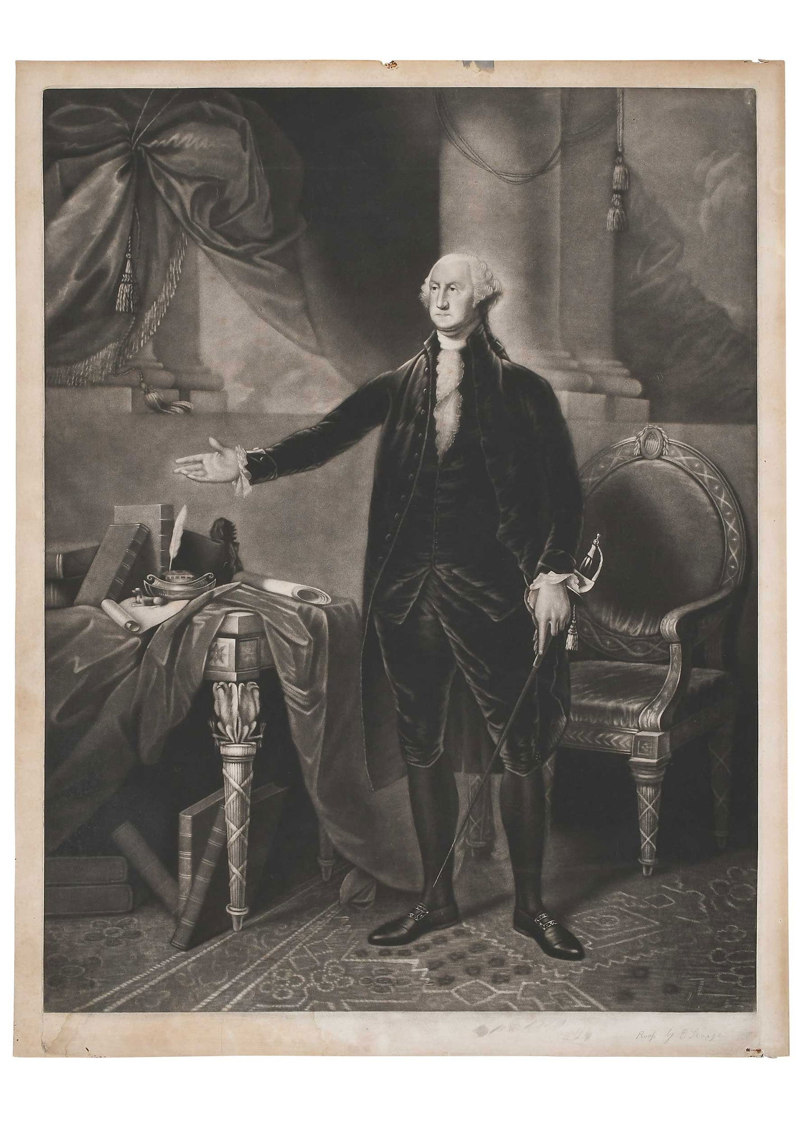 Edward Savage: (Pennsylvania/Massachusetts, 1761-1817) George Washington, known as the Lansdowne Portrait, 1801, inscribed in pencil lower right "Proof by E. Savage", after Gilbert Stuart, mezzotint on paper, 27-1/2