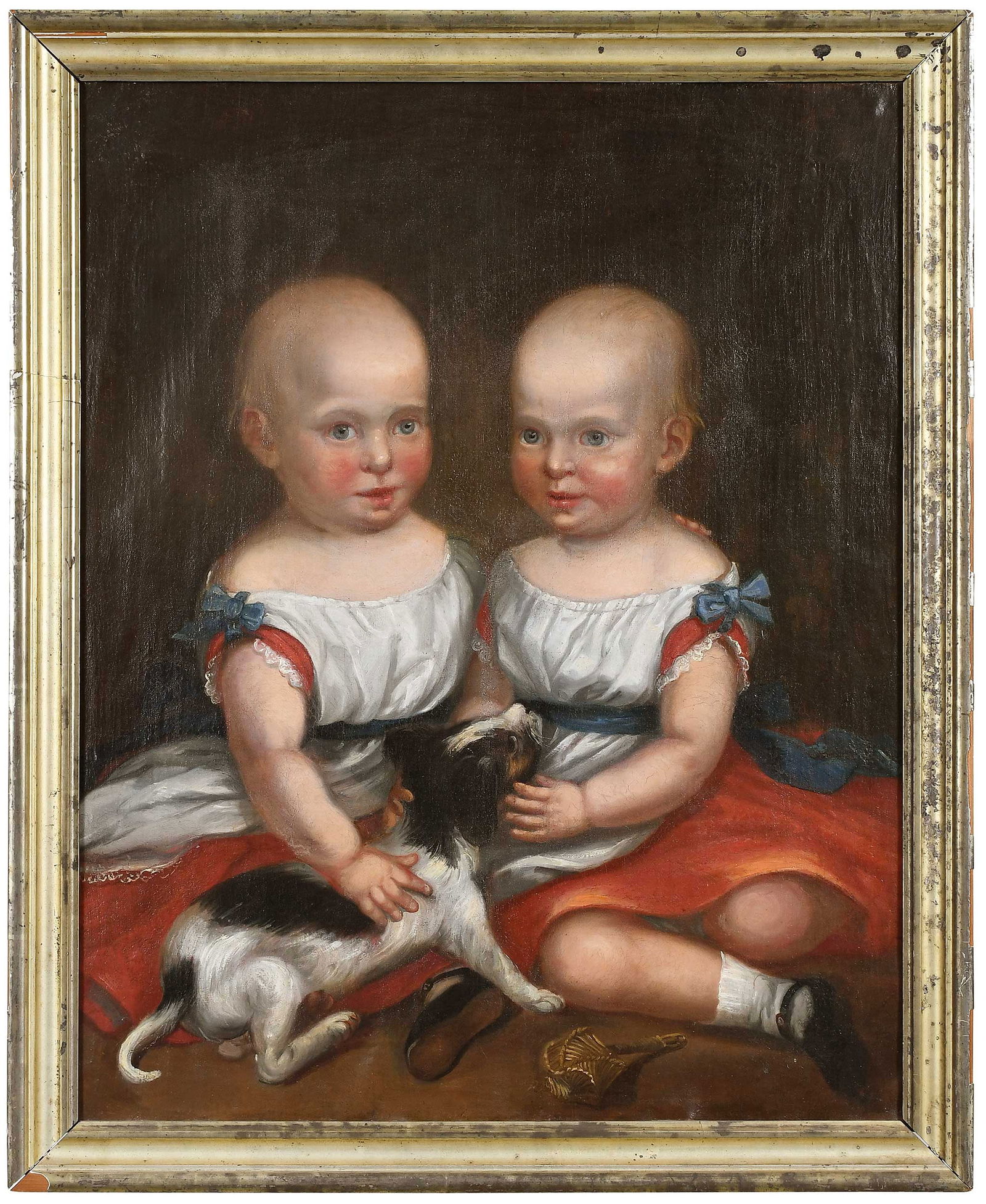 Folk Painting of Two Children: (American, 19th century) Twins with their Dog, unsigned, oil on mattress ticking, 30 x 24-3/4 in.; period gilt wood frame, 33-1/2 x 27-1/4 in. Provenance: Collection of Ben Schecter and George Barimo,