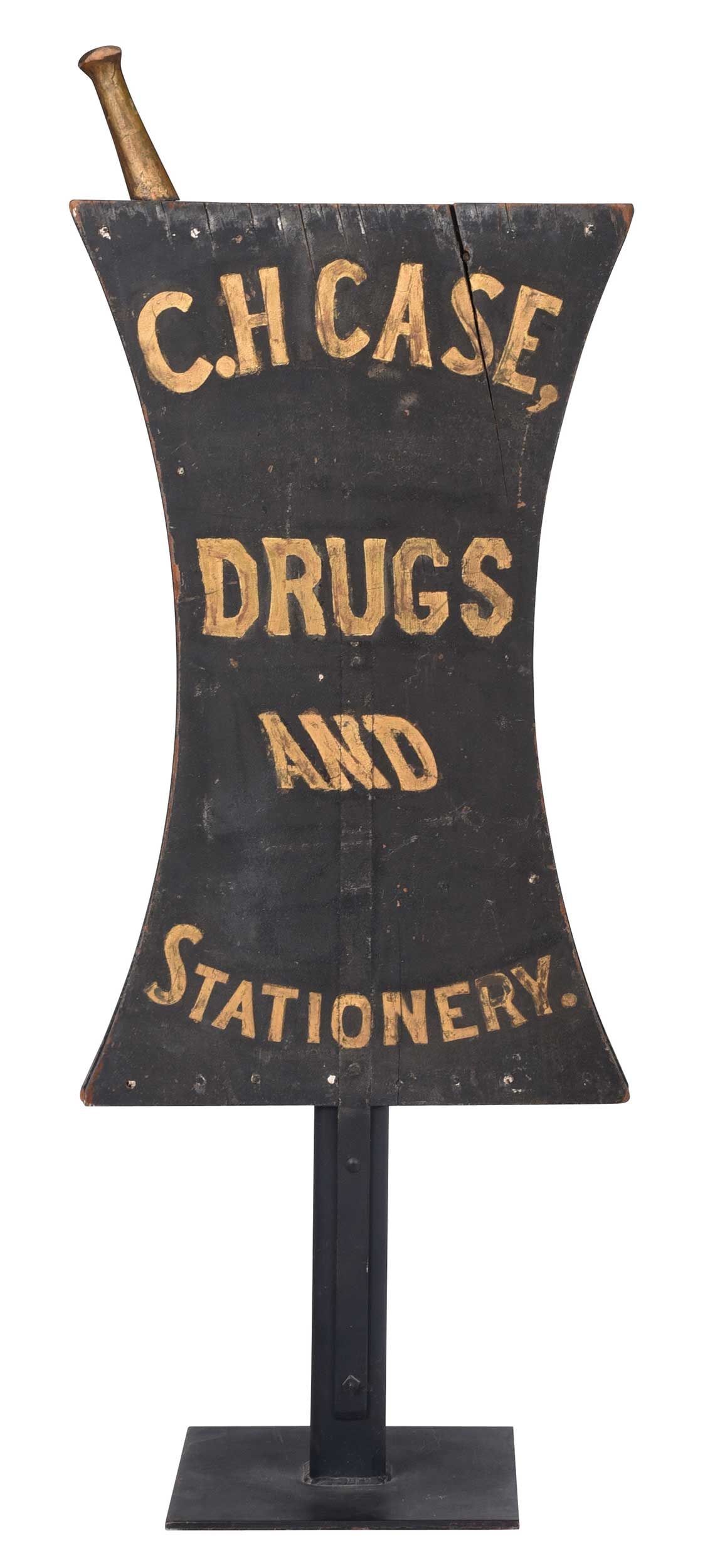 Carved and Painted Wood Apothecary Trade Sign, C.H. Case: probably American, late 19th/early 20th century, multi board construction, on black painted metal stand, 56 x 21-1/2 x 13-1/2 in. (including base) Provenance: Collection of Ben Schecter and George Bar