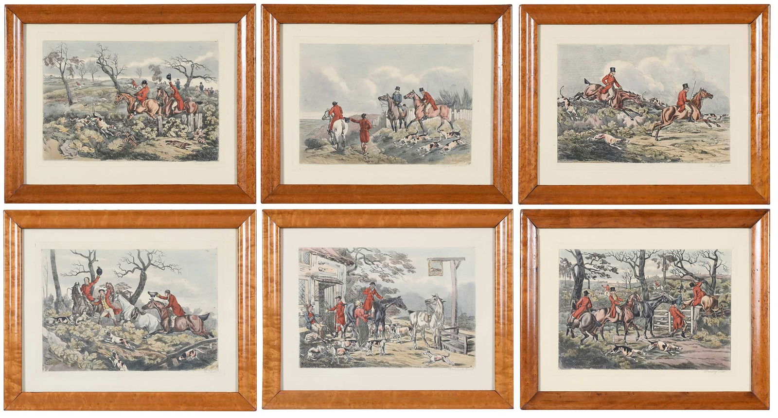 Six Framed Fox Hunting Scenes After Henry Thomas Alken: (British, 1784-1851) A Check Laying on the Hounds, Full Cry, Returning to Kennel, Drawing Cover, The Death, Breaking Cover, 20th century reproduction hand colored lithographs, sight 12 x 16 in.; possi