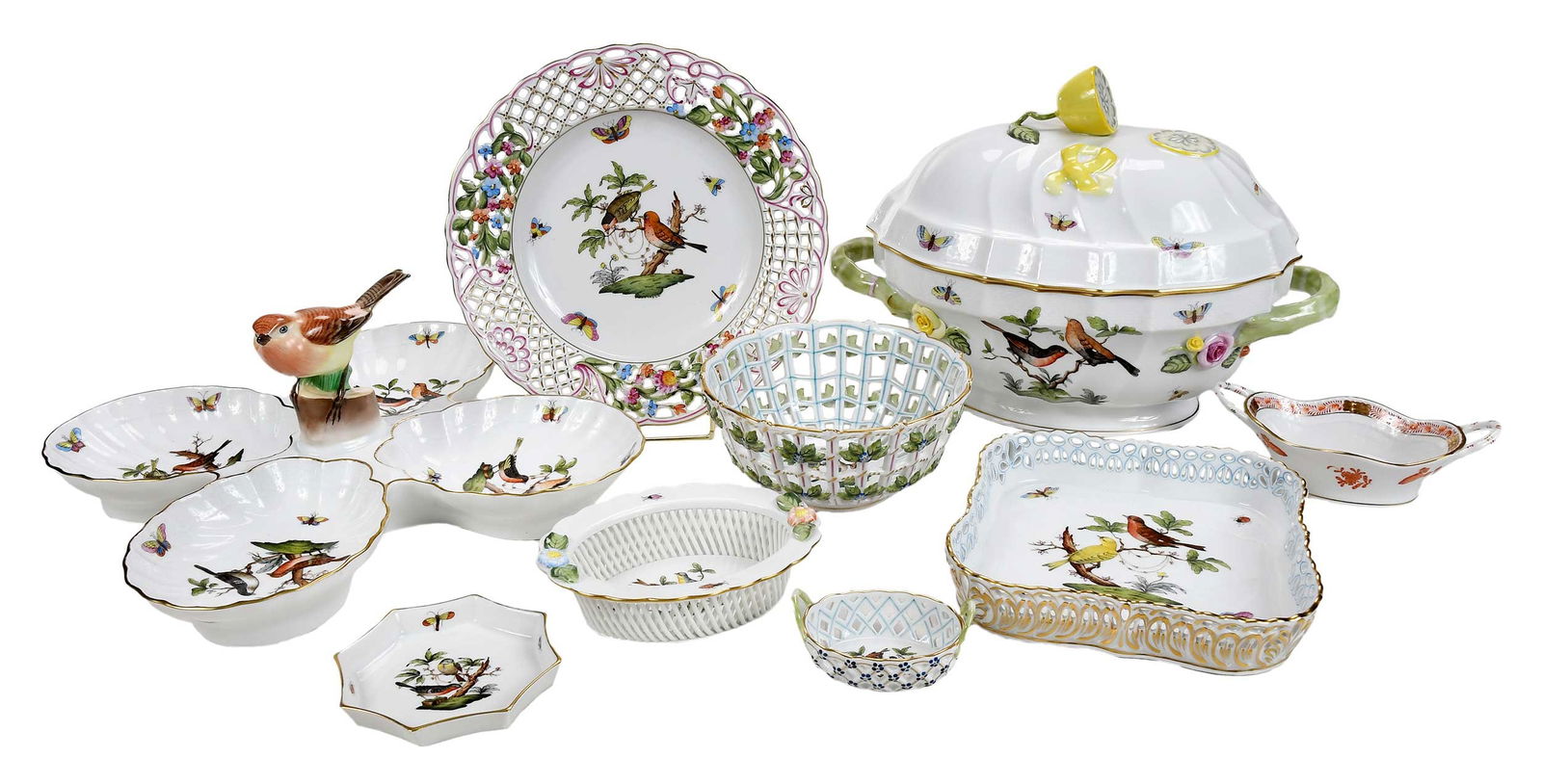 Group of 13 Herend Rothschild Bird Serving Pieces, One Chinese Bouquet (1 of 13)