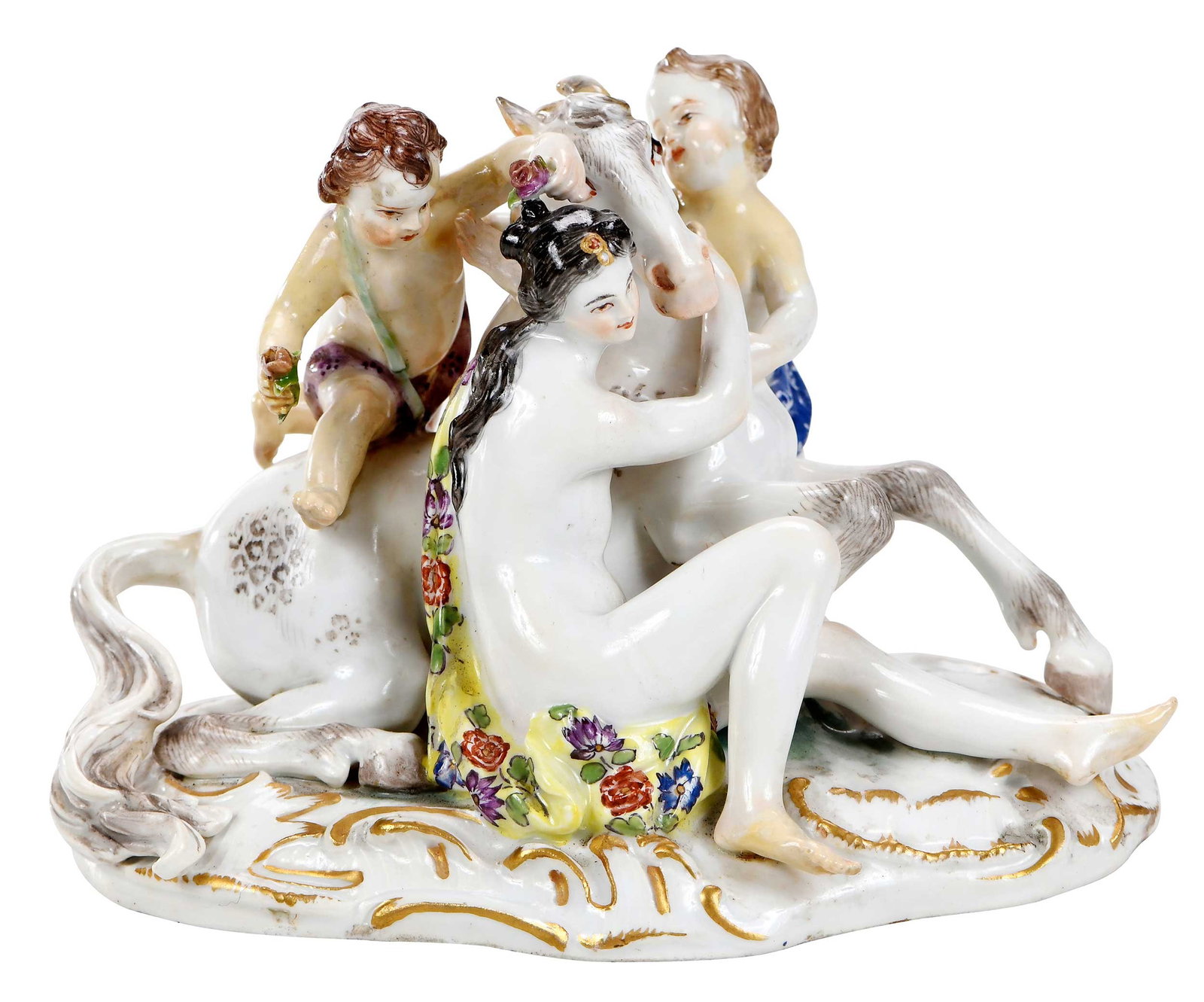Meissen Figural Group: German, 19th century, underglaze blue crossed swords mark to base and impressed "1830.", seated nude women beside recumbent horse and two putti, enamel and gilt decorated, 4 x 6-1/4 x 3-7/8 in.