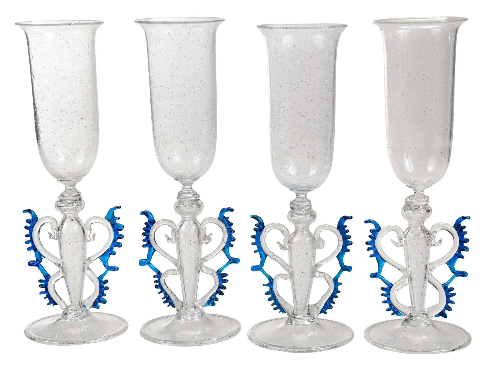 Four Venetian Clear and Blue Glass Goblets: 20th century, ornamented stem with pinched wings, raised on circular foot, 10-3/4 x 3-1/2 in. Provenance: Private Collection, Horsham, Pennsylvania