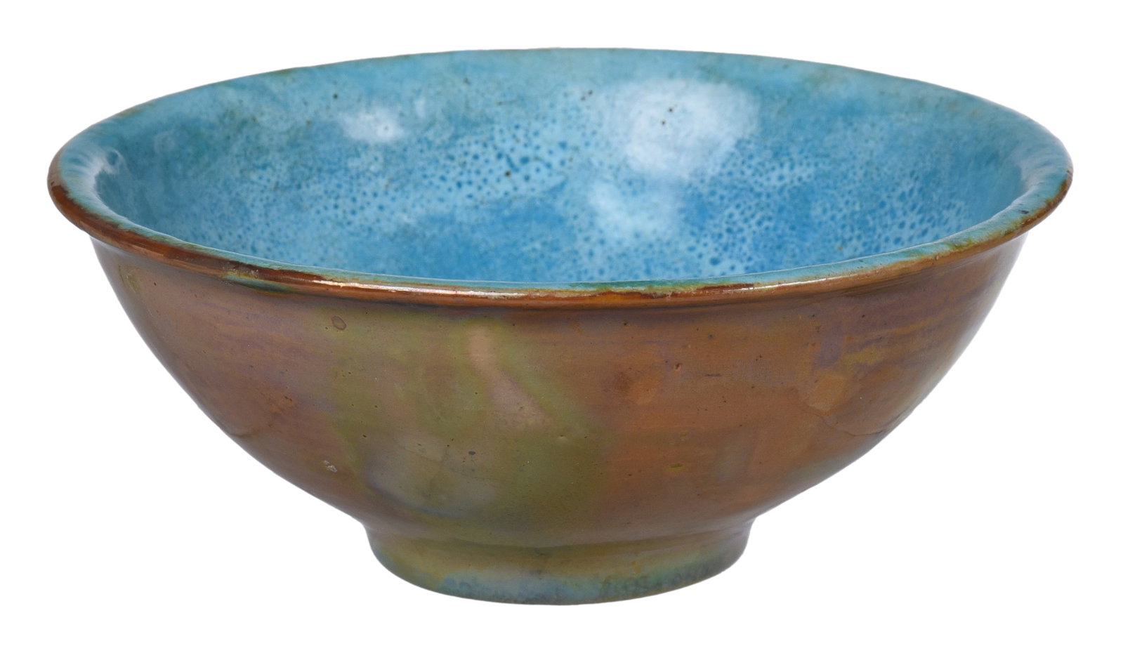 Pewabic Iridescent Pottery Bowl: American, mid 20th century, with blue interior, marked on base, 2-3/8 x 5-5/8 in. Provenance: Private Collection