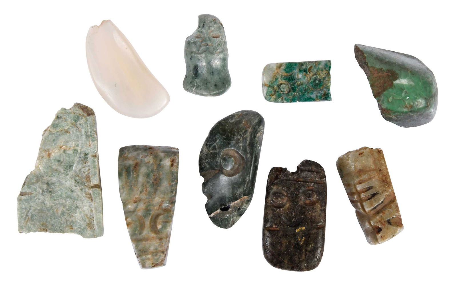 Nine Mesoamerican Carved Jade or Hardstone Fragments and Pendants (1 of 20)