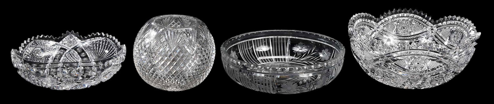 Four American Cut and Engraved Glass Bowls: comprising: rose bowl with strawberry diamond and fan cut decoration, 5 x 5-3/4 in.; bowl with cut floral decoration, base marked "22414-27", 2-1/2 x 9 in.; bowl with hobstars, diamonds, chains of sta