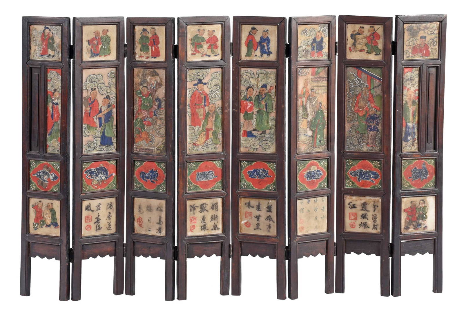 Chinese Eightpanel Folding Table Screen With Painted Inset Stone