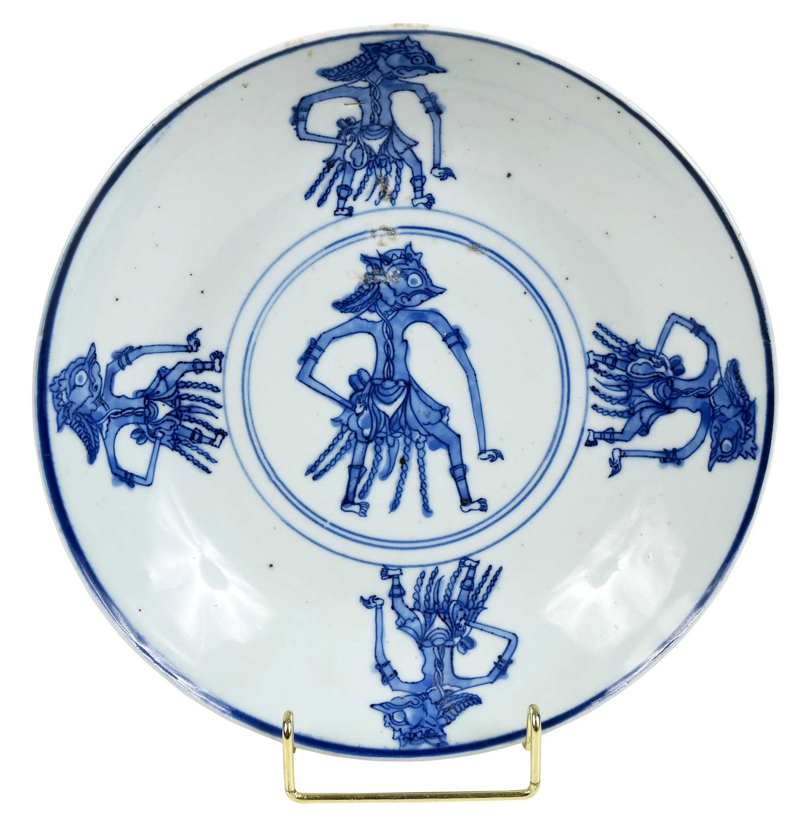 Chinese Blue and White Porcelain Low Dish: possibly Ming dynasty, for the Indonesian market, two character mark to base, wayang kulit style figures, 9-3/4 in. Provenance: Private Collection, Hilton Head, South Carolina