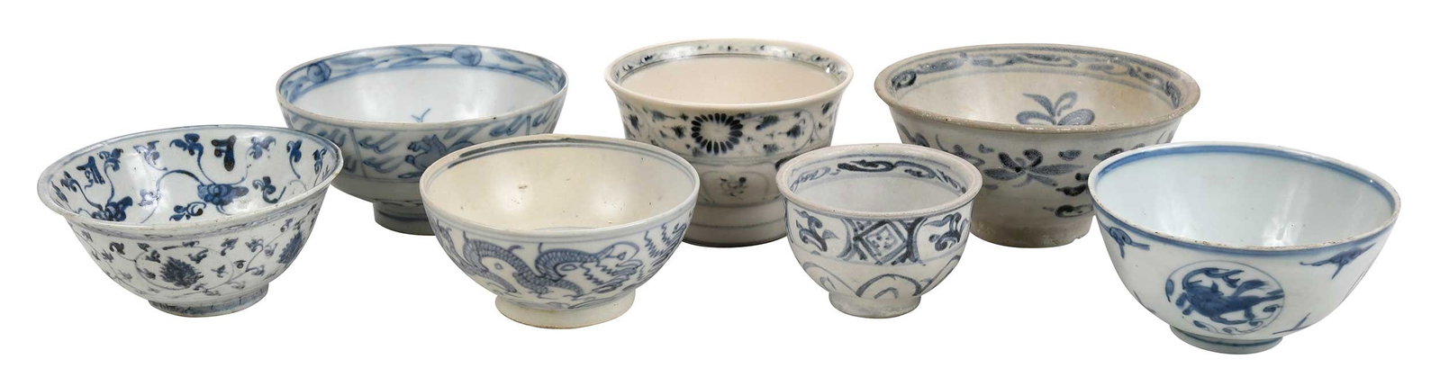Seven Asian Blue and White Porcelain Bowls: Chinese/Southeast Asian, possibly late Ming dynasty, 2-1/4 x 3-1/4 in. to 2-3/4 x 5-1/2 in. Provenance: Private Collection, Hilton Head, South Carolina