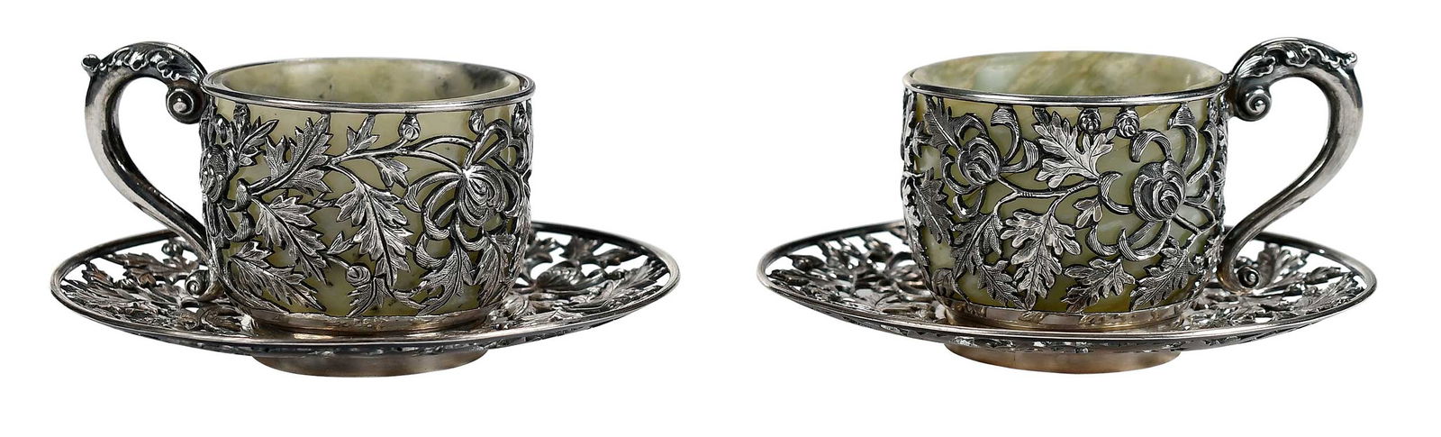 Pair Chinese Export Silver Tea Cups and Saucers with Jade Liners (1 of 6)