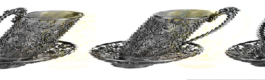 Pair Chinese Export Silver Tea Cups and Saucers with Jade Liners (1 of 6)