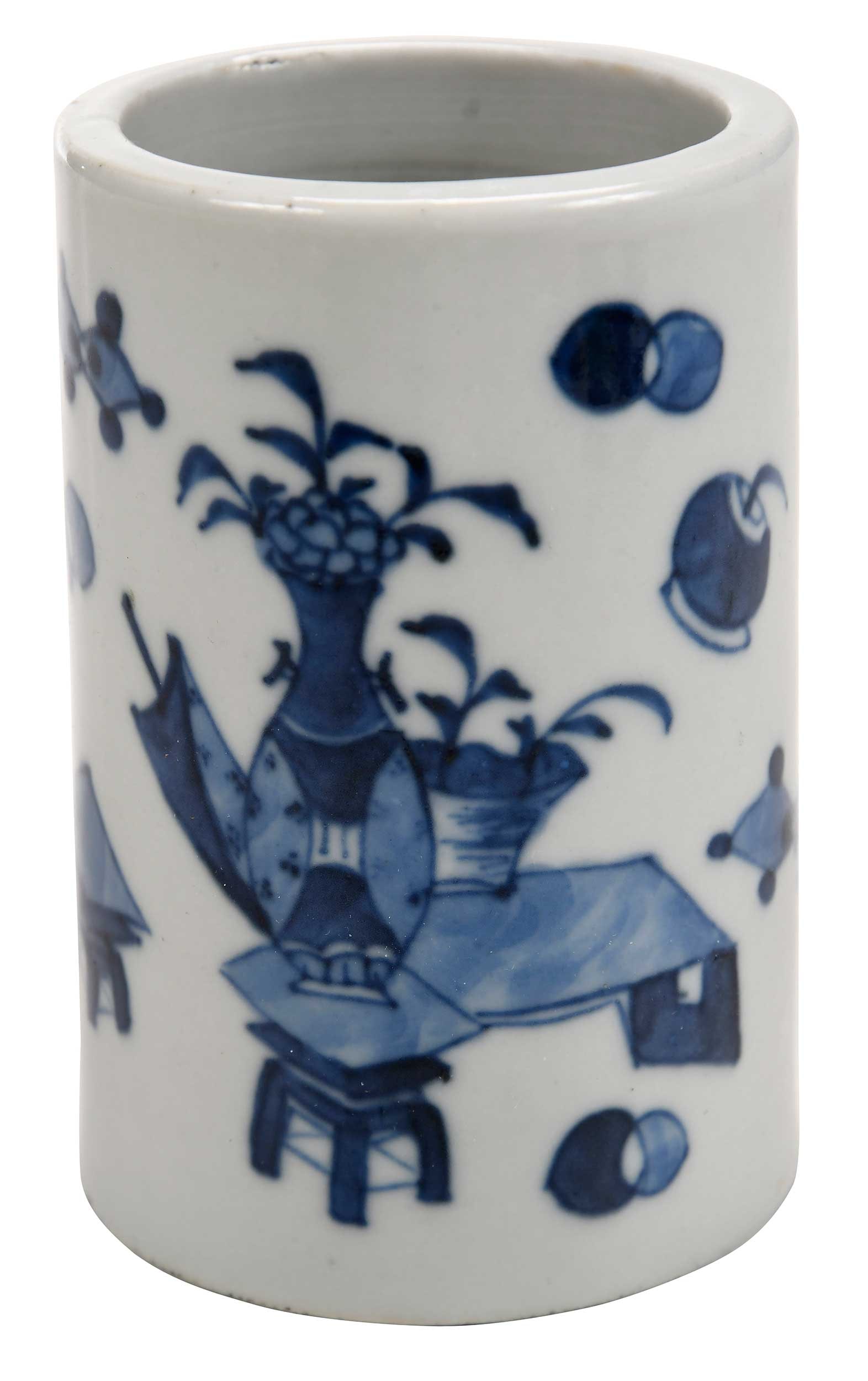 Chinese Blue and White Porcelain Brush Pot: of cylindrical form, underglaze blue decoration of interior scene featuring vase surrounded by auspicious symbols, 4-5/8 x 3-1/8 in.