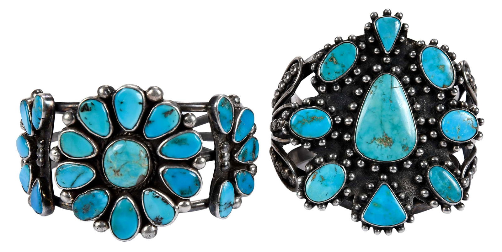Two Sterling and Turquoise Cuff Bracelets: each of typical form, set with shaped turquoise cabochons, one engraved "BWI" and "100-42-8850" to interior, width at widest 2-5/8 in. Provenance: Private Asheville, North Carolina Collection
