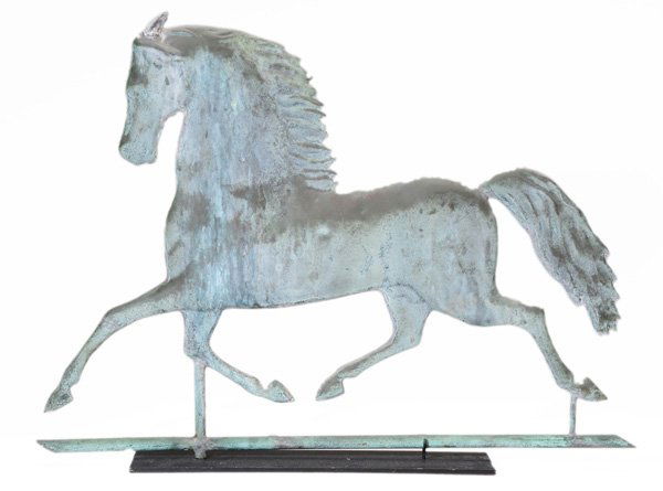 Molded Copper and Zinc Ethan Allen: Weathervane American, late 19th century, the running horse with flowing mane and tail set with cast zinc ears, in old weathered patinated surface, 19-1/4 x 26-1/2 in., mounted on modern black metal st