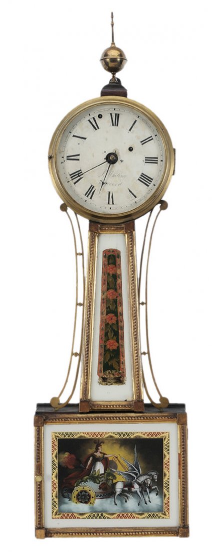 American Federal Eglomisé Banjo Clock: the dial signed "S. Whiting, Concord", early 19th century, with weight and winder, 35 in., painted dial with flaking, wear and retouch; base eglomisé panel replaced (throat panel possibly original), 