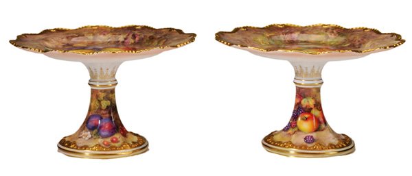 Pair Royal Worcester Hand-Painted: Fruit Stands English, late 19th/early 20th century, each finely decorated with fruit and leaves, signed "R. Sebright", 5-1/2 x 9 in., excellent condition, base rings with minor pitting as fired