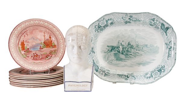 Set of Nine Maling Service Plates,: Copeland Platter British, late 19th/early 20th century, transfer-printed Middle Eastern themes with anthemion borders, 11-1/4 in., [good condition;] together with a porcelain L.N. Fowler phrenology he