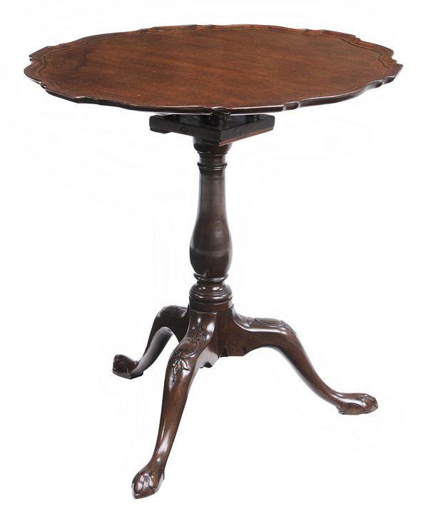 Chippendale Mahogany Tilt-Top Table: British, 18th century, mahogany throughout with flower and [rocaille] carved knees and paw feet, 28 x 26 x 26 in., repairs and restorations to birdcage and top of post, otherwise generally good condit