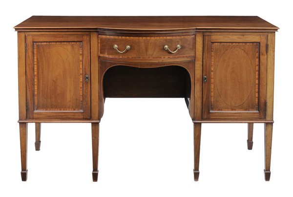 Edwardian Style Inlaid Mahogany: Sideboard 20th century, one drawer with label for Colony Furniture, central dovetailed drawer with mahogany linings flanked by two satinwood-banded cabinet doors, 37 x 61 x 21 in., surface stains and 