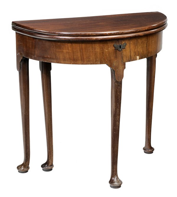 Queen Anne Mahogany Demilune Games: Table British, 18th century, 28-1/2 x 30 x 14 in., repairs at joints of legs to skirt, scattered veneer cracks and losses, tops possibly replaced (color variation), other scattered pest damage, surfac