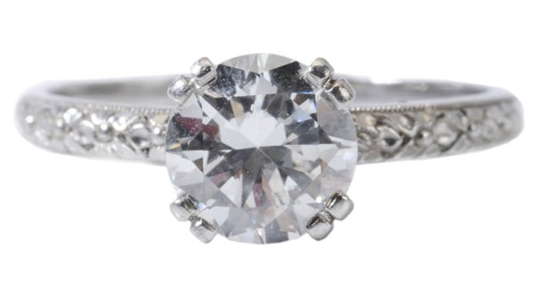 Platinum, Diamond Solitaire Ring: 1.50 ct. round brilliant-cut diamond, color H-I, clarity VVS2, floral and mill grain accented platinum mount, gross weight 4.5 grams, size 8-1/2; insurance replacement value $30,263, with appraisal, g