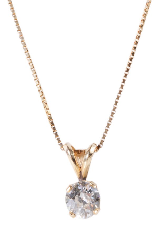 Diamond Pendant Necklace: 1.0 ct. Old European-cut diamond, color L, clarity VS, 14 kt. yellow gold mount and 20 in. chain, gross weight 3.3 grams; insurance replacement value, $4,494, with appraisal, good condition
