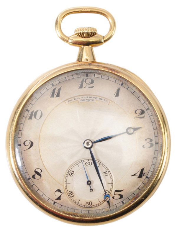 Patek Philippe 18 Kt. Gold Pocket: Watch open face with silver-tone dial, subsidiary seconds dial, jeweled movement 188001, inscribed inside back case "Theo Brunkmann Holoyer Naples", with original case, gross weight 70.6 grams, 1-7/8