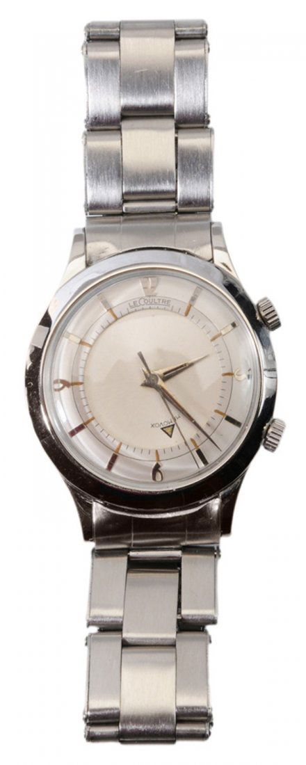 Gentleman's Jaeger LeCoultre: Wristwatch vintage stainless steel with "Memorvox" alarm, brushed stainless steel bracelet, case 648427, with 2012 receipt for servicing, in working order at time of inspection, bracelet links stretch
