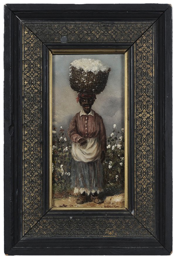 William Aiken Walker: (Charleston, South Carolina, 1838-1921) Old Woman With Basket of Cotton, signed lower right "W.A. Walker", oil on artist board, 8 x 4 in.; possibly original black-painted and gilt wood and composition