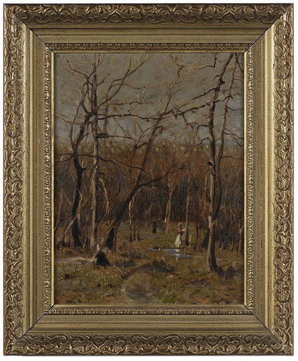 Gilbert Gaul: (New York/Tennessee, 1855-1919) Winter Landscape With Figures by a Stream, circa 1915, signed lower right "G. Gaul", oil on canvas, 16 x 12-1/4 in.; 20th century carved wood frame, laid down on fiberb