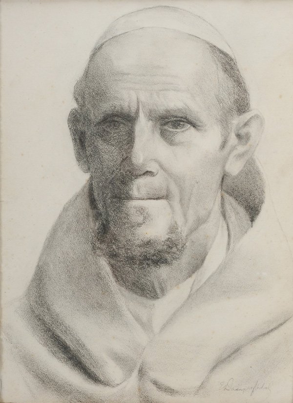 Elliot Daingerfield: (North Carolina/New York, 1859-1932) Portrait of a Monk, signed lower right "E Daingerfield", charcoal on paper, 15 x 11 in. (image); gold frame with silk mat, foxing at center of page, not examined o