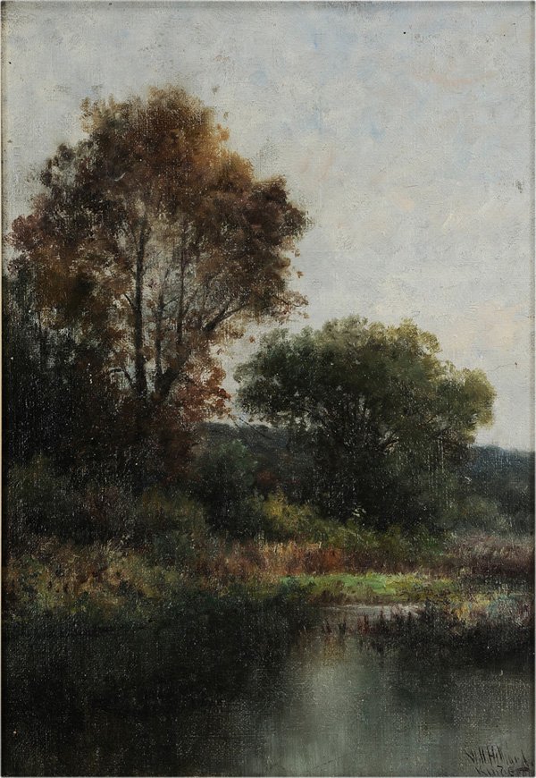 William Henry Hilliard: (Washington, DC, 1836-1905) A View of the Rhine River - Kinderhaus, signed lower right "W.H. Hilliard/Kinderhaus", oil on canvas, 20 x 14 in.; original gilt wood and composition frame, original stretc