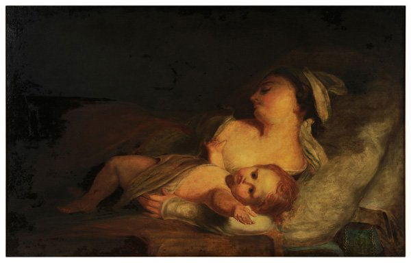 After Thomas Sully: (American, 1783-1872, 19th century) Sleeping Mother and Child, unsigned, oil on canvas, 48 x 28 in.; Empire style gilt wood and composition frame, lined, restretched on old stretcher, retouch primaril