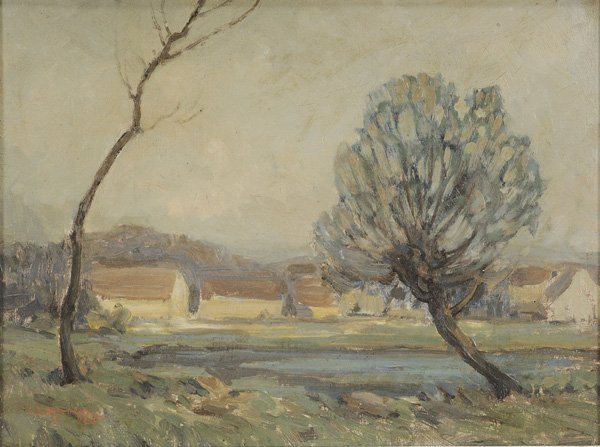 Walter Koeniger: (American, 1881-1943) Treed Farm Landscape, signed "W. Koeniger 22", oil on canvas board, 12 x 16 in.; carved and pickled wood frame, minor grime upper right