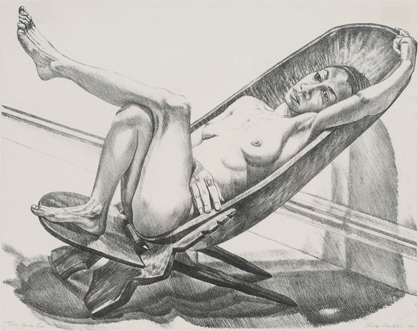 Philip Pearlstein: (American, born 1924) African Chair, signed lower right "Philip Pearlstein 1980", numbered in pencil lower left "XXIX/XX5", lithograph, 16-1/2 x 20-1/2 in. (page); wood frame, floated with tape, stain