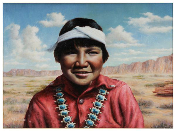 Alfredo Rodriguez: (California/Mexico, born 1954) Indian Boy, signed lower left "A. Rodriguez 75", oil on plywood, 18 x 24 in.; gilt wood frame, long abrasion at bottom right Provenance: Overland Trail Galleries, Jackso